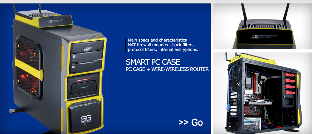 ZEST SG Black Yellow, Main specs and characteristics NAT firewall mounted, back filters, protocol filters, internal encryptions. SMART PC CASE PC CASE + WIRELESS ROUTER